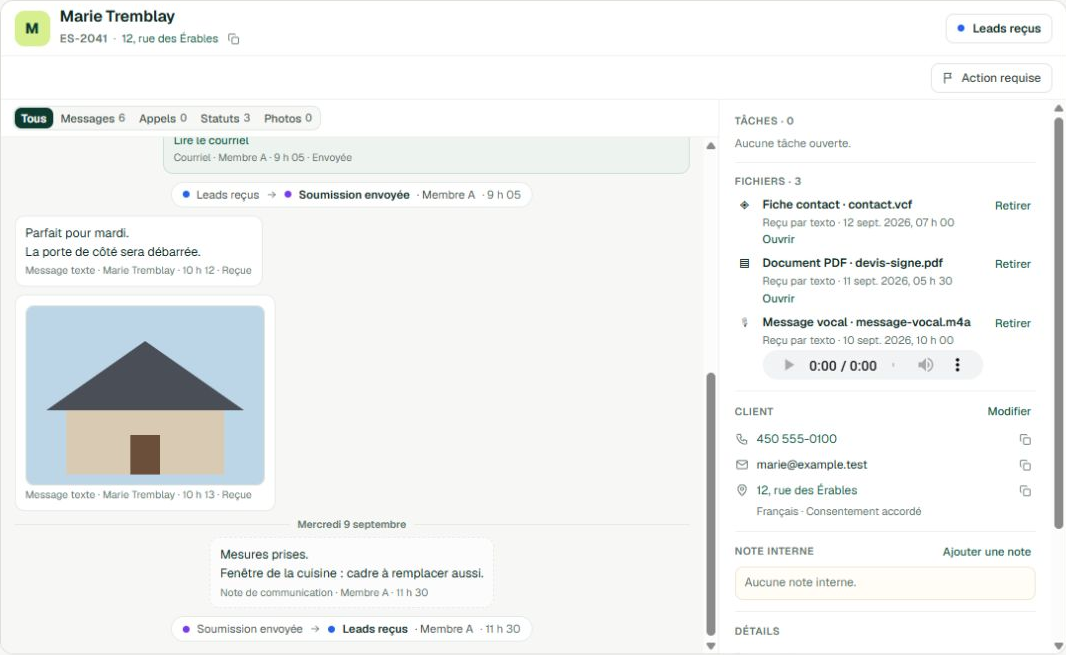 Client file with contact details and communication history, shown in French with demo data.