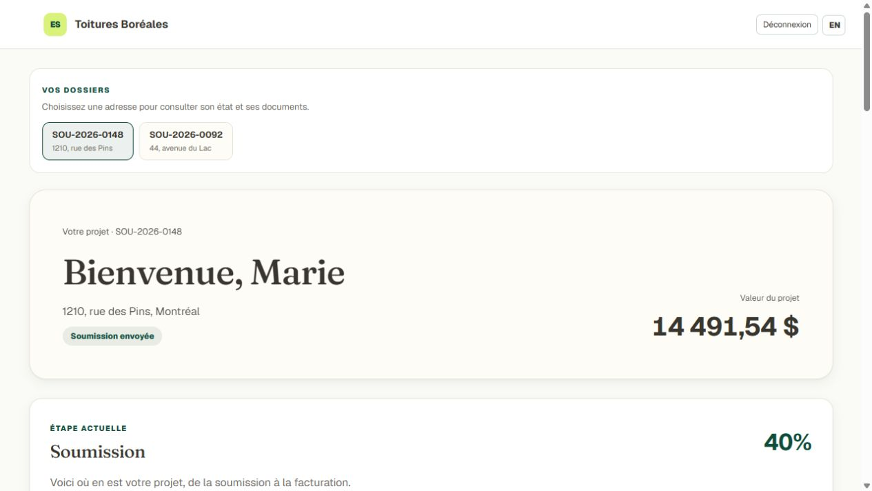 Client portal with the project overview, quote and next steps, shown in French with demo data.